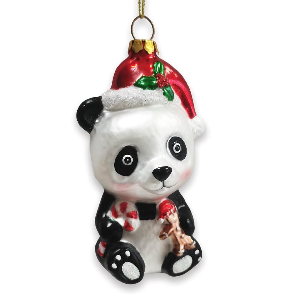 OrnamentallyYou - Cute Panda with Santa Hat and Gift Blown Glass Christmas Ornament - Multi-colored