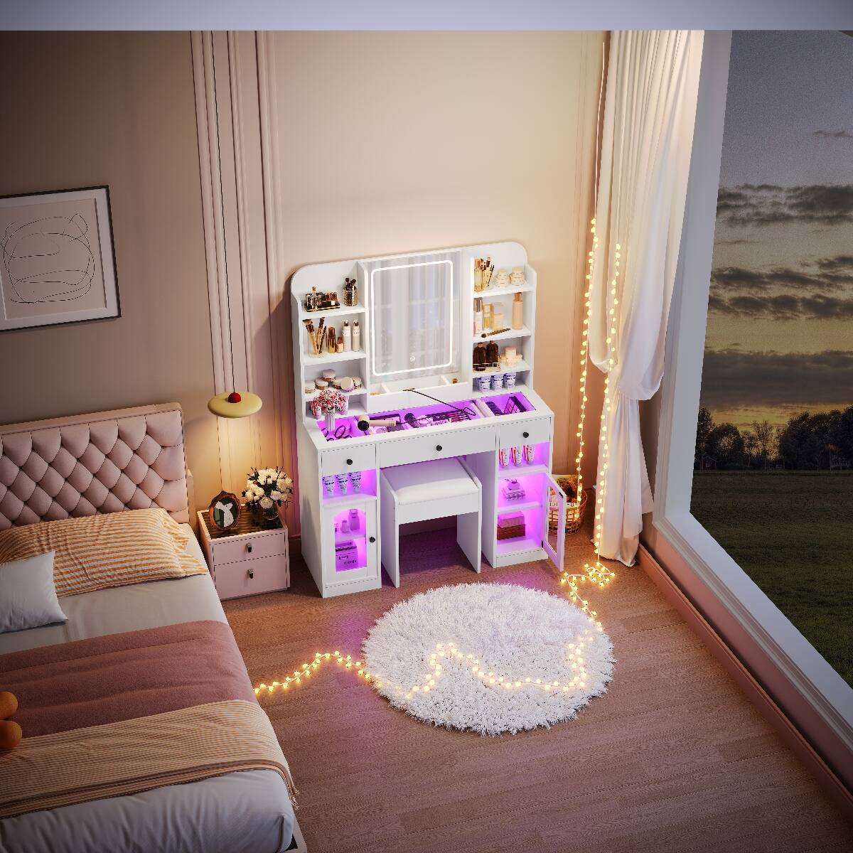 Alt View 9. Loheer - Loheer 43.2 inch Vanity Desk, LED Mirror Vanity with Three Light Modes, White Makeup Vanity with Stool - White.