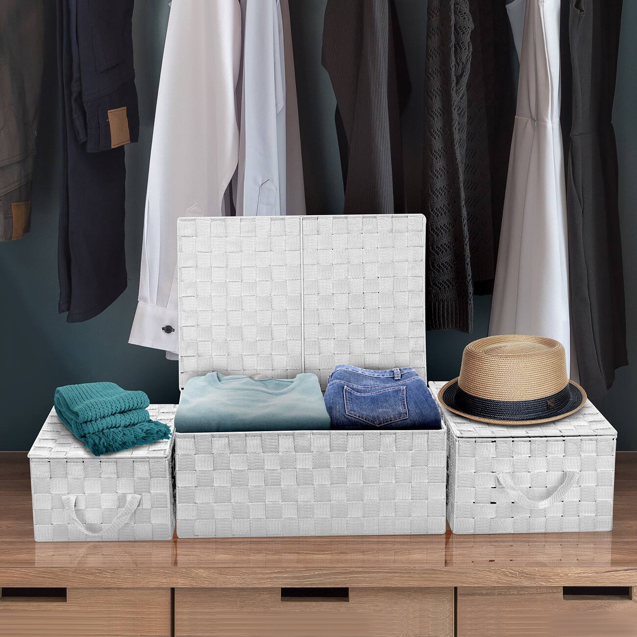 Alt View 3. Sorbus - Sorbus Set of 3 Storage Baskets for Organizing with Lid, Mesh, Linen, Organizer Storage Baskets for Shelves - White.
