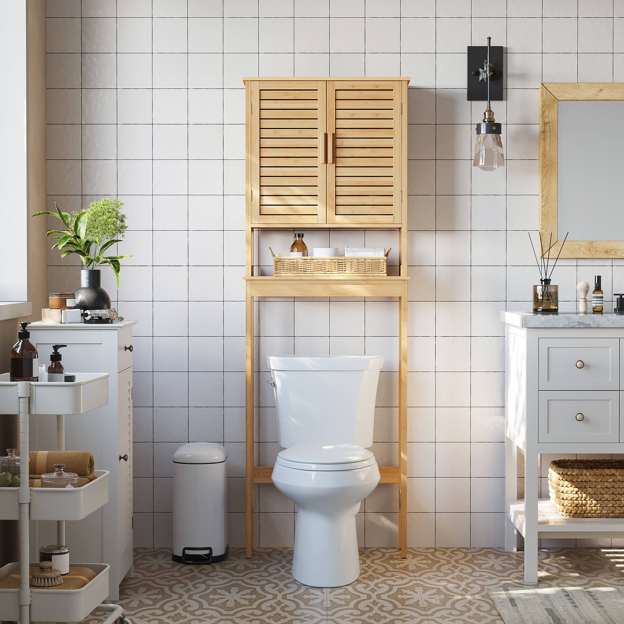 Angle. Songmics Home - Over The Toilet Storage Cabinet, Bathroom Cabinet with Adjustable Inside Shelf and Bottom Stabilizer Bar - Natural Beige.