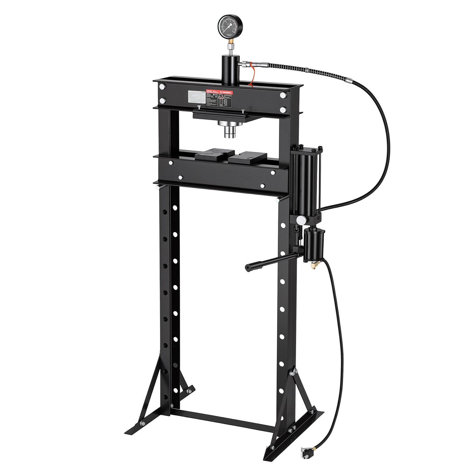 Front. VEVOR - 20-Ton Hydraulic Shop Press,H-Frame Manual/Pneumatic Shop Press with Gauge, Heavy-Duty Garage Floor Adjustable Hydraulic - Black.
