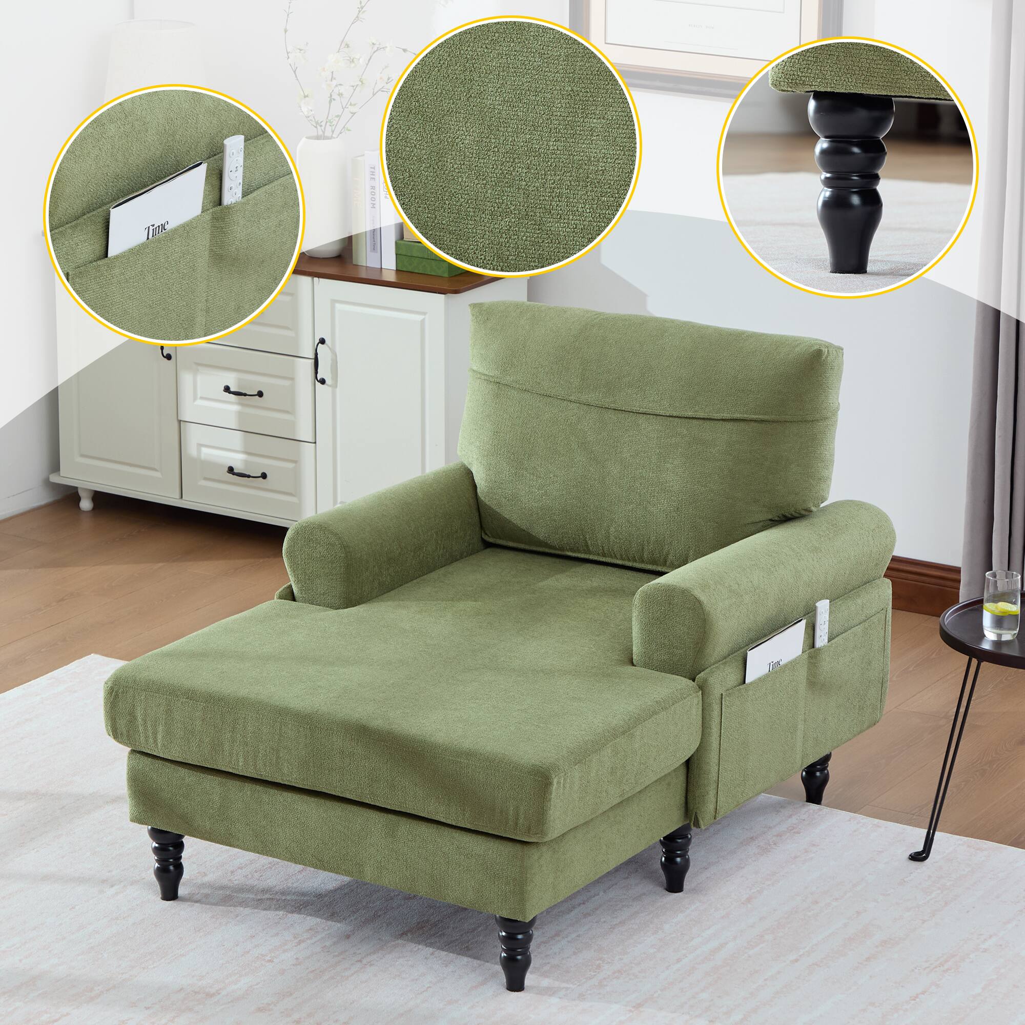 Back. Trinkets Crazed - Chenille Fabric Chaise Lounge Recliner Single Sofa Living Room Bedroom Rest Chair Wooden Sofa Legs - Olive Green.