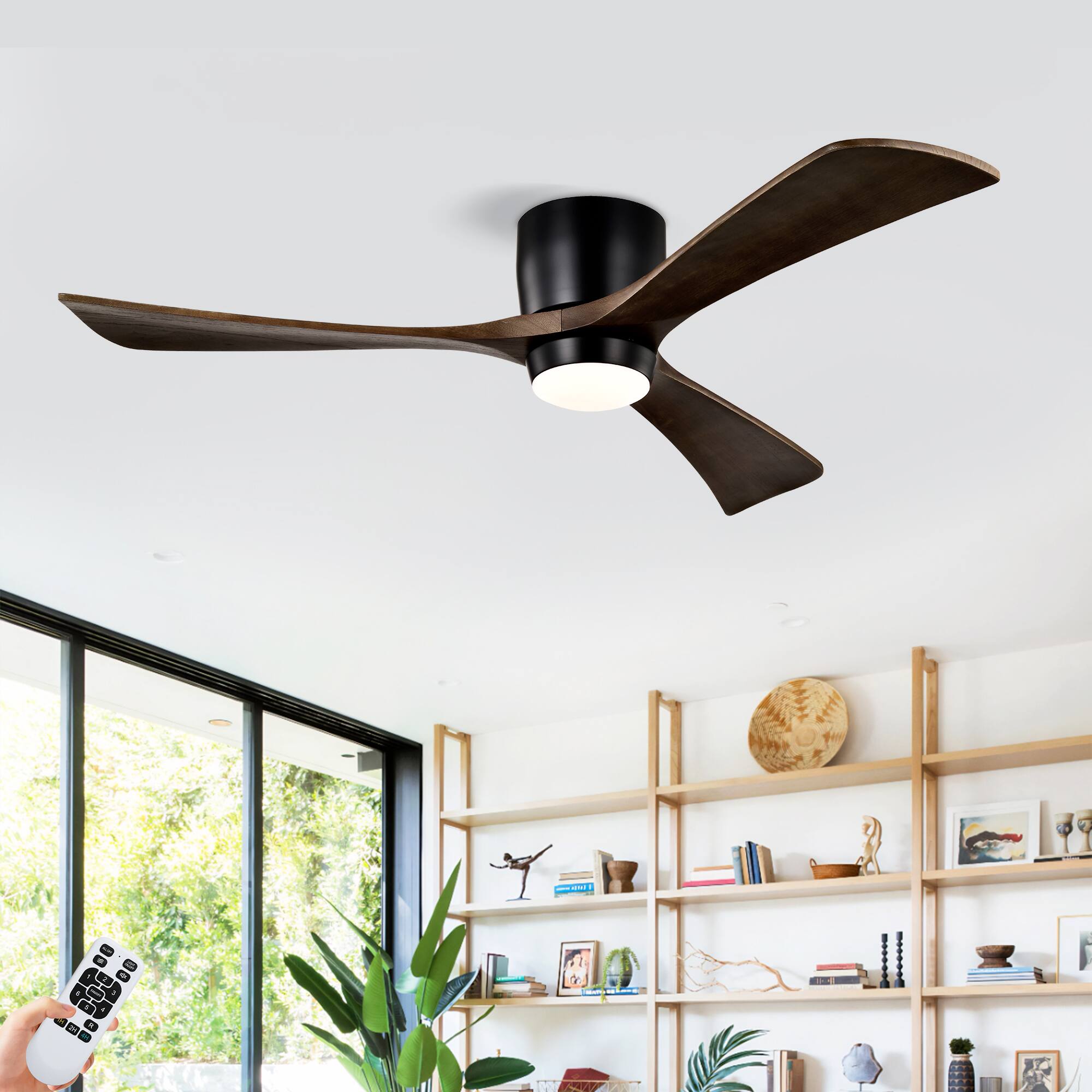 Angle. Loheer - Loheer 52 Inch Flush Mount Wood Ceiling Fan with Light Matte Black Quiet DC Motor Remote for Bedroom Living Room.