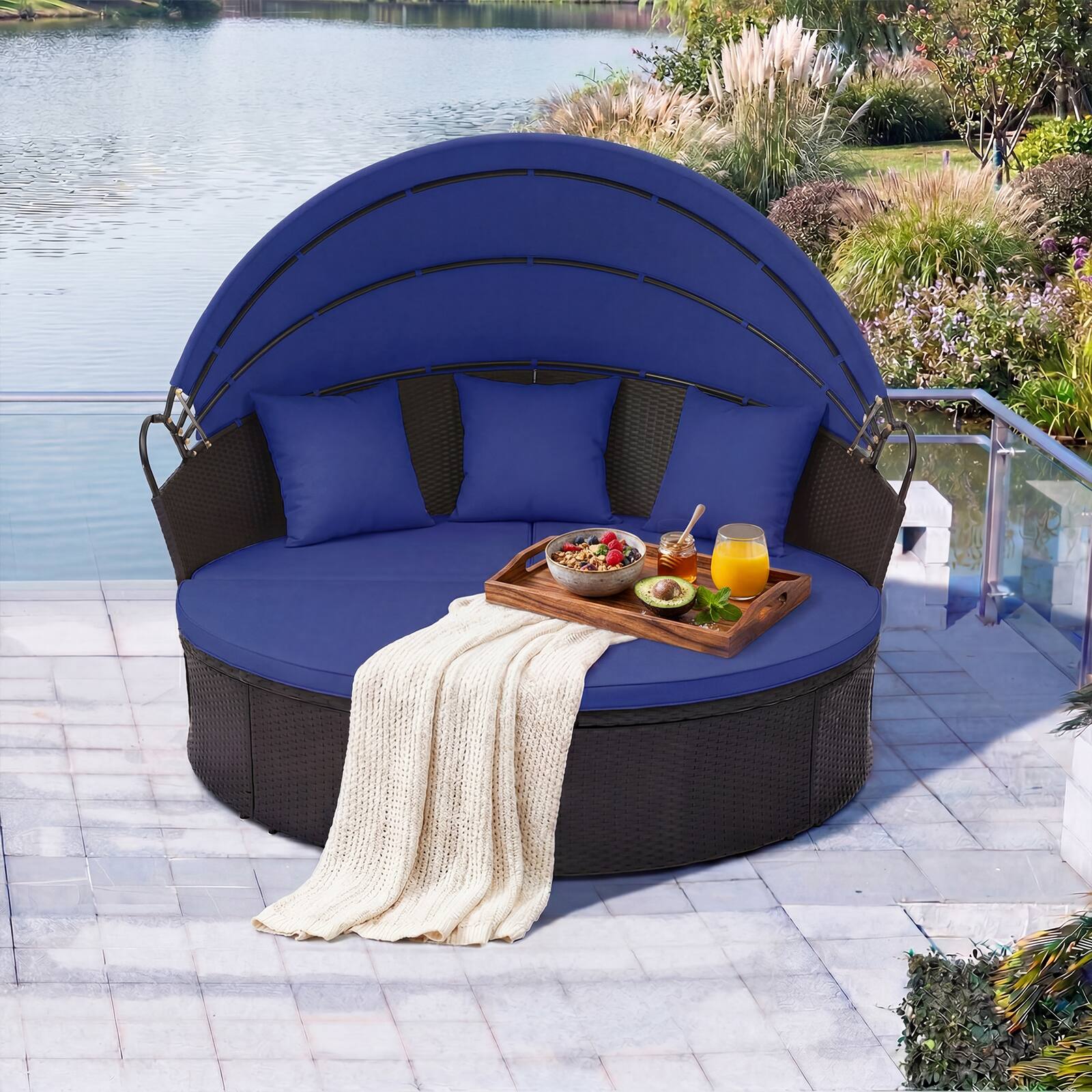 Alt View 4. Costway - Costway Outdoor Patio Round Daybed with Retractable Canopy Cushions Throw Pillows for Lawn - Black+Navy.