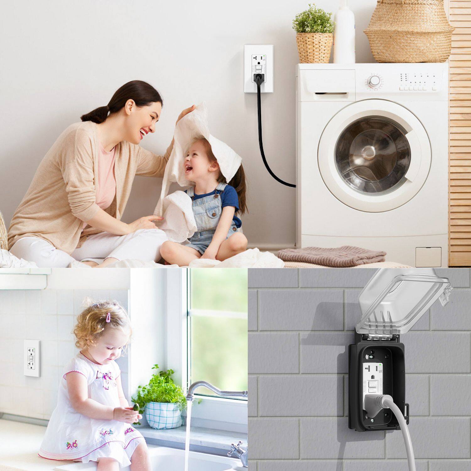 Alt View 5. ELEGRP - ELEGRP GFCI Outlet Self-Test, 20A 125V Weather Resistant Duplex wall outlet, w/Wall Plate, UL Listed, Matte White 3PC - White.