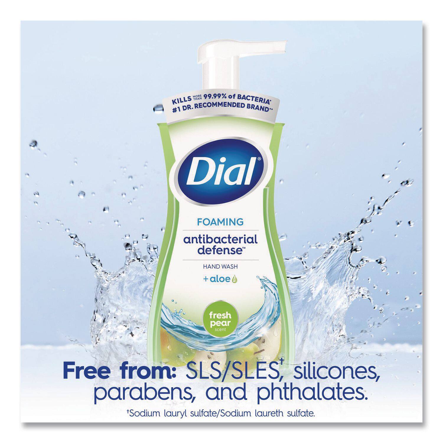Kills more 99.99% of bacteria*  
#1 Dr. Recommended Brand*  

Dial  
FOAMING antibacterial defense  
HAND WASH  
+ aloe  
fresh pear scent  

Free from: SLS/SLES, silicones, parabens, and phthalates.  
*Sodium lauryl sulfate/Sodium laureth sulfate.