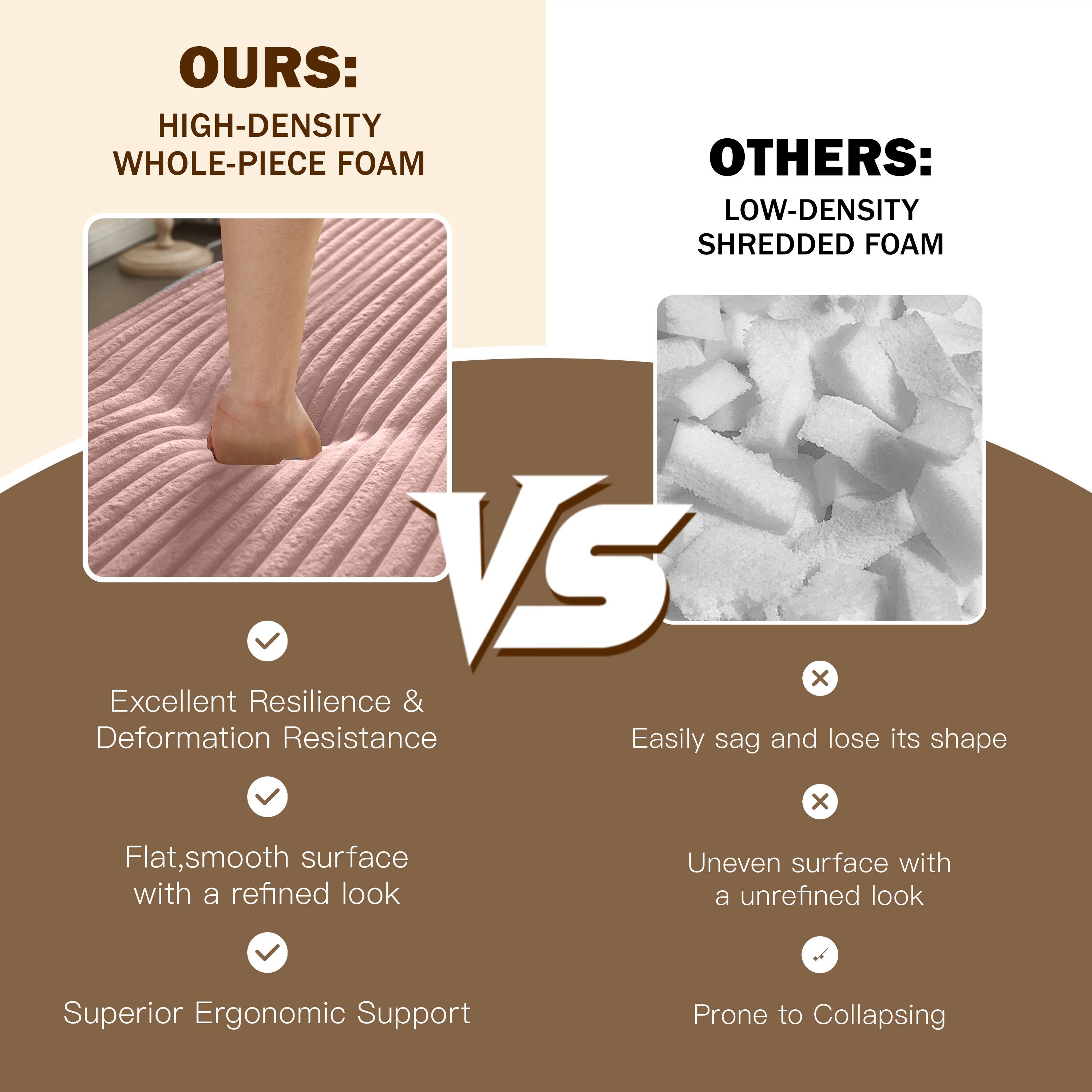 **OURS:**
- HIGH-DENSITY WHOLE-PIECE FOAM
  - Excellent Resilience & Deformation Resistance
  - Flat, smooth surface with a refined look
  - Superior Ergonomic Support

**OTHERS:**
- LOW-DENSITY SHREDDED FOAM
  - Easily sag and lose its shape
  - Uneven surface with an unrefined look
  - Prone to Collapsing