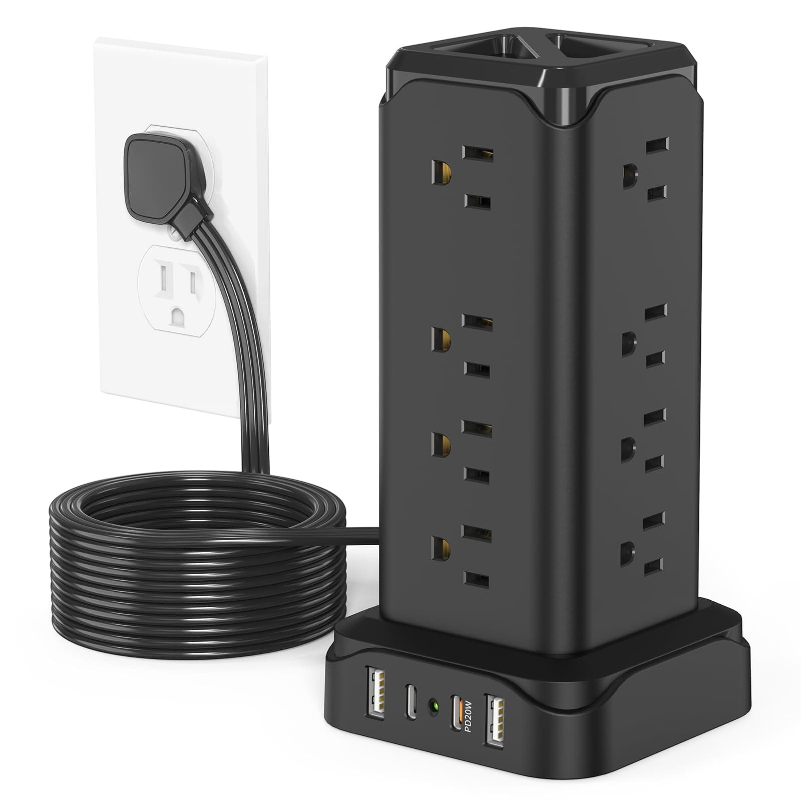 Dazzed Corner - Power Strips with Surge Protection, 6FT Flat Extension Cord - Black