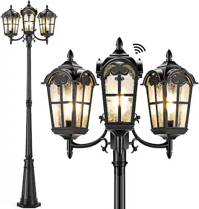 Front. Nordic Hygge - Dusk to Dawn Outdoor Post Lights, Black 3-Head Aluminum Street Lamp Posts Outdoor Lighting, Waterproof Hardwired Lamp.