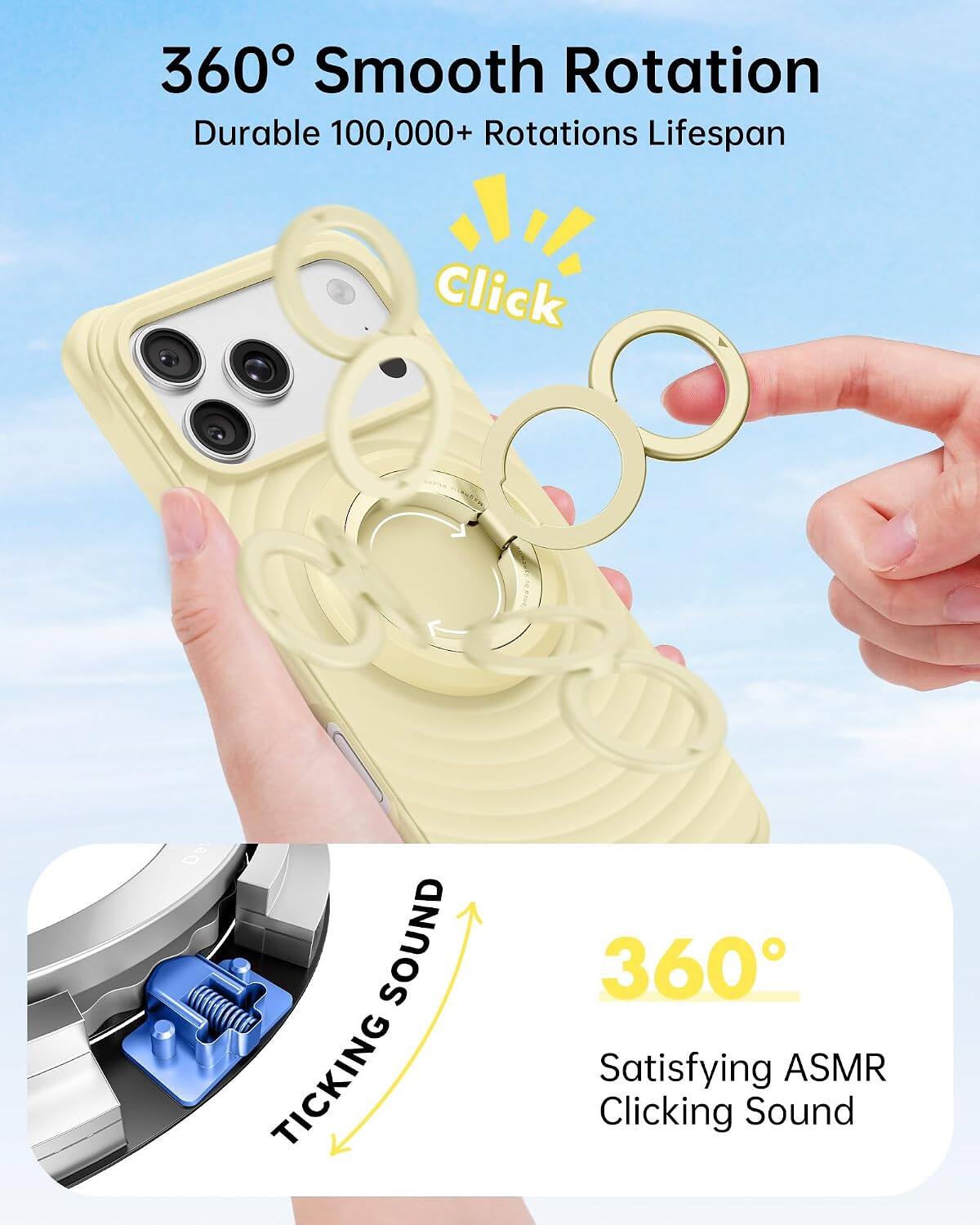 360° Smooth Rotation  
Durable 100,000+ Rotations Lifespan  

Click  

De:  
SOUND TICKING  
360° Satisfying ASMR Clicking Sound