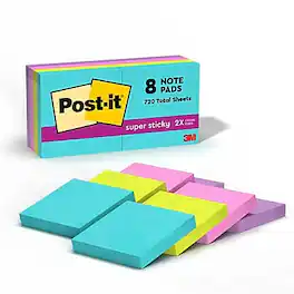 Post-it - Super Sticky Notes, 1-7/8" x 1-7/8", Supernova Neons Collection, 90 Sheets/Pad, 8 Pads/Pack - Multicolor