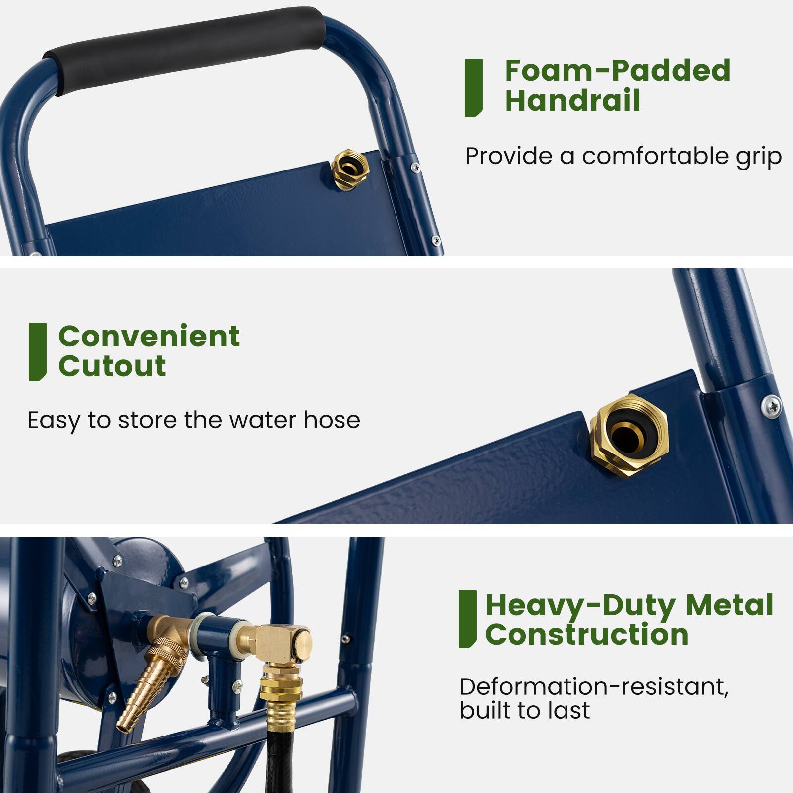 - Foam-Padded Handrail: Provide a comfortable grip
- Convenient Cutout: Easy to store the water hose
- Heavy-Duty Metal Construction: Deformation-resistant, built to last