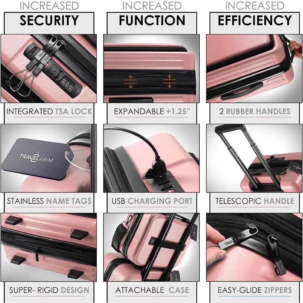 Sure, here is the corrected and grouped text:

**INCREASED SECURITY**
- INTEGRATED TSA LOCK

**INCREASED FUNCTION**
- EXPANDABLE +1.25"
- STAINLESS NAME TAGS
- USB CHARGING PORT
- ATTACHABLE CASE

**INCREASED EFFICIENCY**
- 2 RUBBER HANDLES
- TELESCOPIC HANDLE
- EASY-GLIDE ZIPPERS

**Additional Features**
- SUPER-RIGID DESIGN