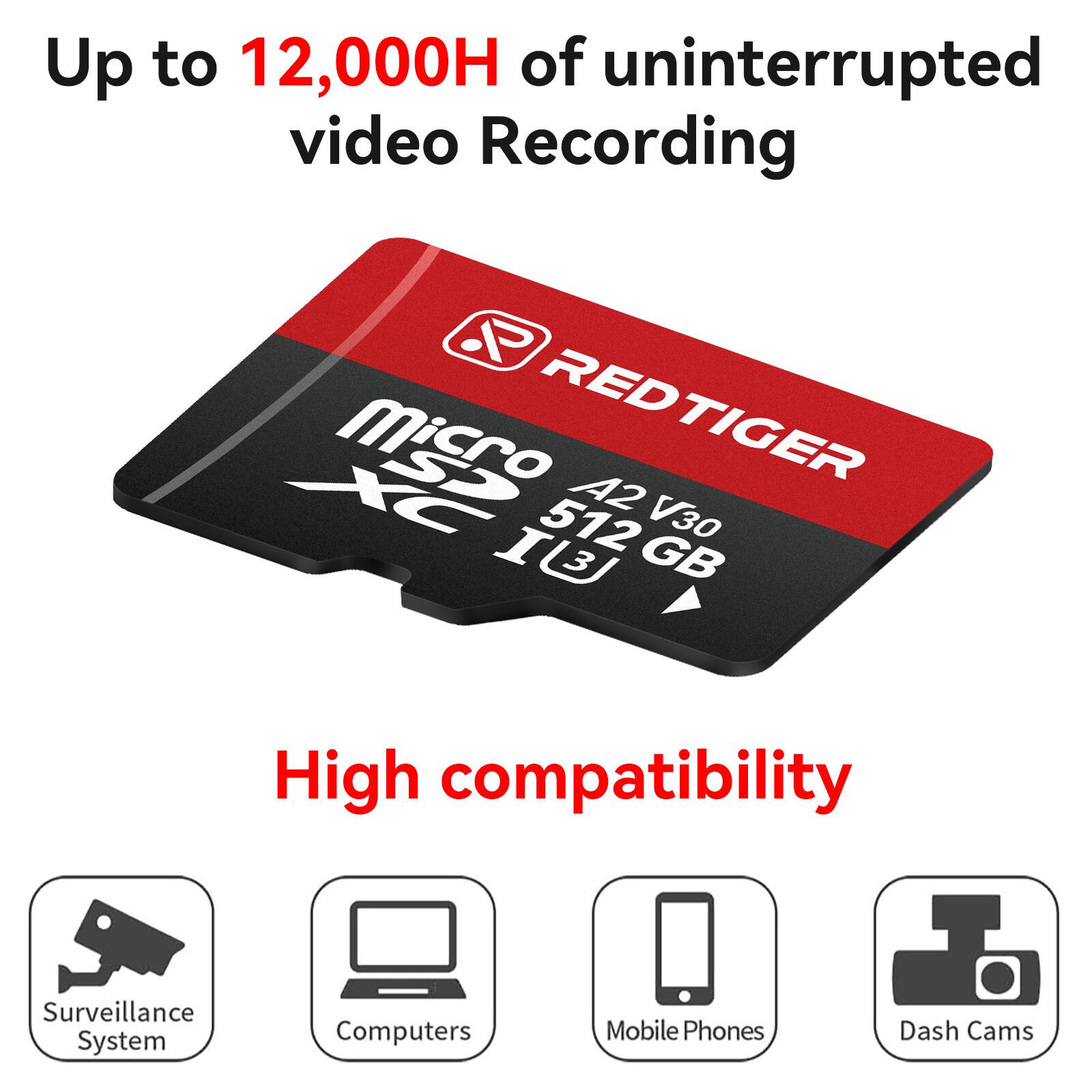 Up to 12,000H of uninterrupted video Recording

REDTIGER

Micro SD XC

512 GB

A2 V30

High compatibility

Surveillance System

Computers

Mobile Phones

Dash Cams