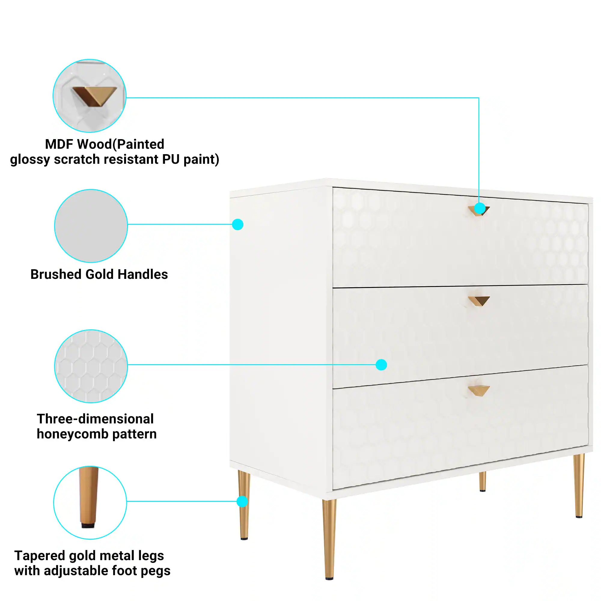 MDF Wood (Painted glossy scratch resistant PU paint)  
Brushed Gold Handles  
Three-dimensional honeycomb pattern  
Tapered gold metal legs with adjustable foot pegs