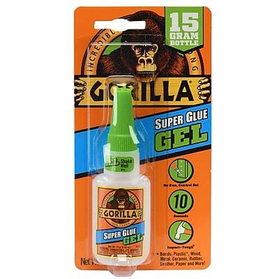 15 Gram Bottle Incredible Gorilla Super Glue Gel  
Shake Well  
Gorilla Super Glue Gel  
Net Weight: 10 Grams  
Plastic, Wood, Metal, Ceramic, Rubber, Leather, Paper and More!