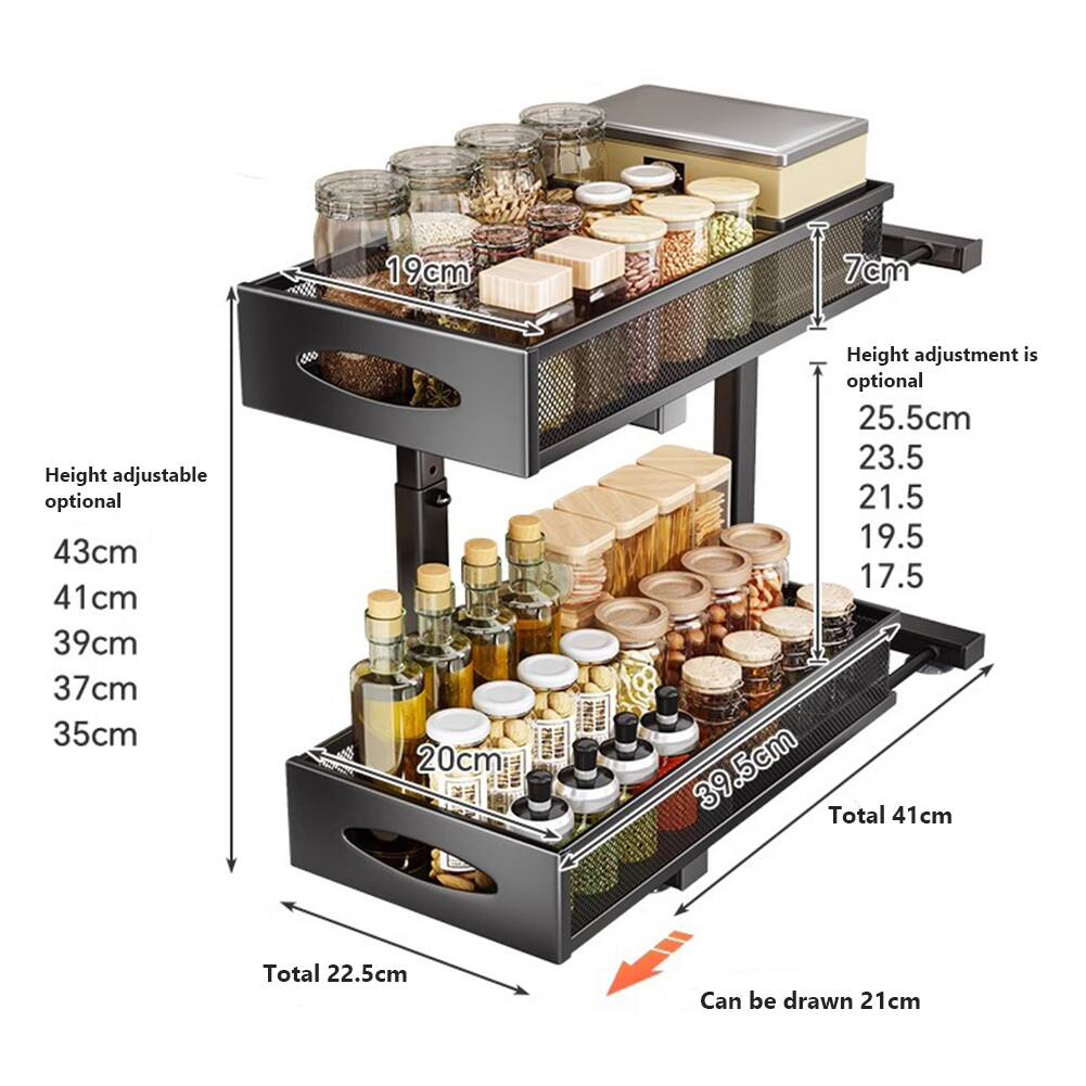 - Height adjustable optional: 43cm, 41cm, 39cm, 37cm, 35cm
- Total height: 22.5cm
- Width: 39.5cm
- Depth: 21cm
- Height adjustment is optional: 25.5cm, 23.5cm, 21.5cm, 19.5cm, 17.5cm
- Total length: 41cm
- Can be drawn: 21cm
- 19cm (top shelf width)
- 7cm (height of the top shelf)