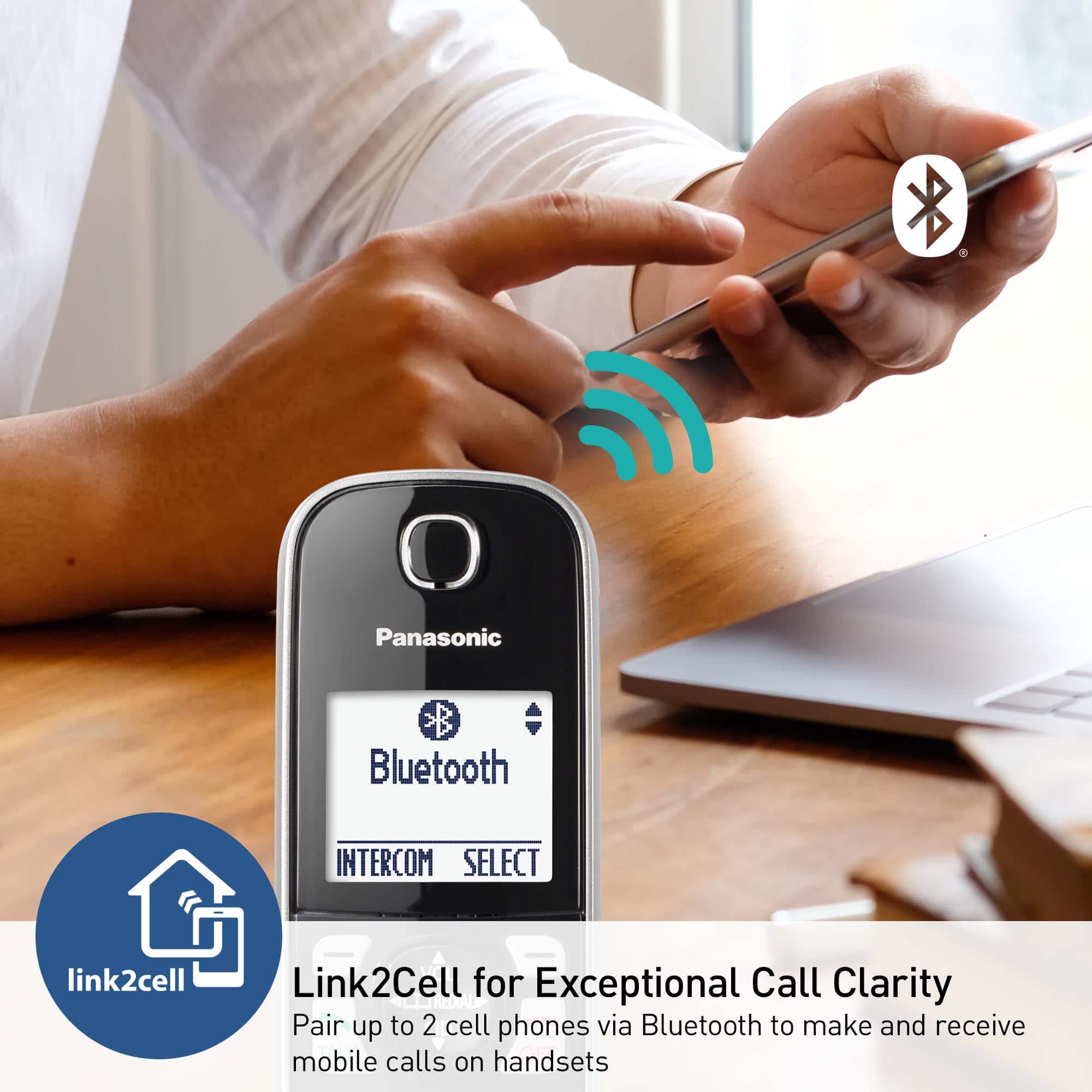 Panasonic Bluetooth INTERCOM SELECT link2cell Link2Cell for Exceptional Call Clarity Pair up to 2 cell phones via Bluetooth to make and receive mobile calls on handsets.