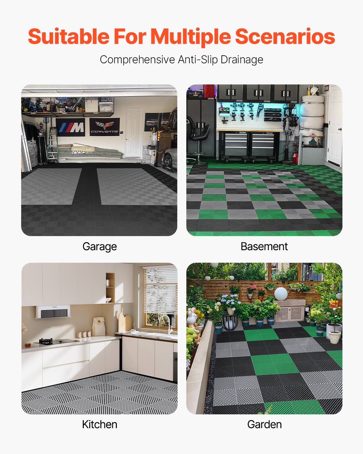 Suitable For Multiple Scenarios
Comprehensive Anti-Slip Drainage

Garage
Basement
Kitchen
Garden