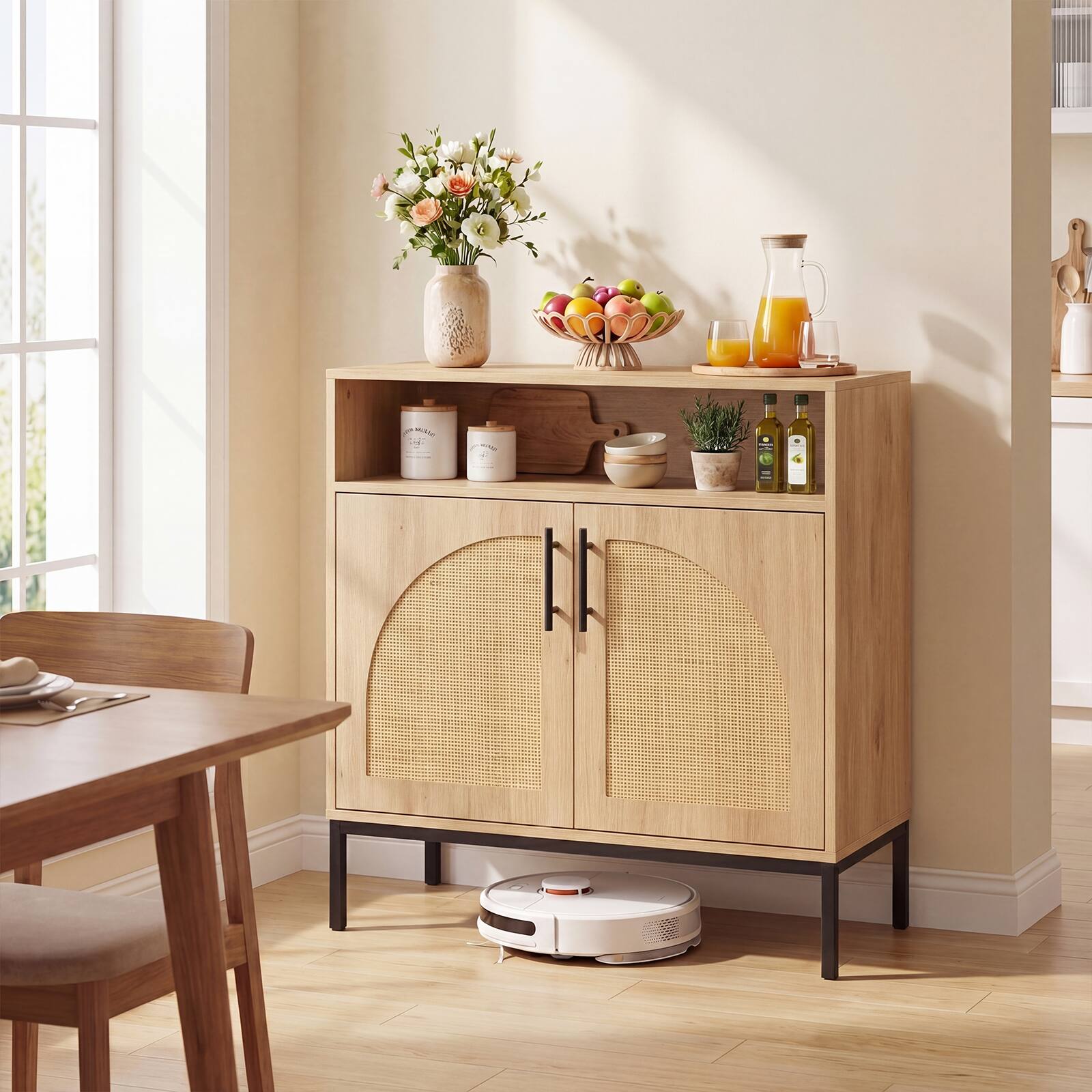 Alt View 4. Costway - Costway 2 PCS Sideboard Buffet Cabinet with Natural Rattan Decorated Doors, Adjustable Shelf - Natural.
