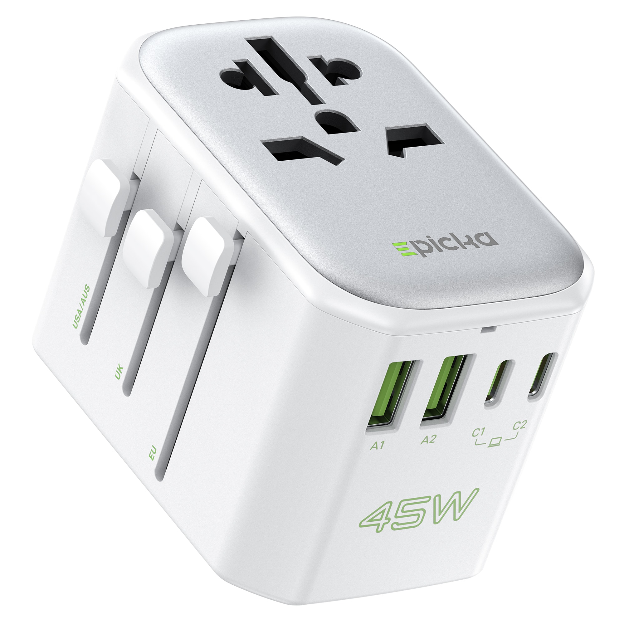 Epicka - Pulse 45W European Travel Plug Adapter, Universal Power Adapter with PD Fast Charging International Charger Adapter - White
