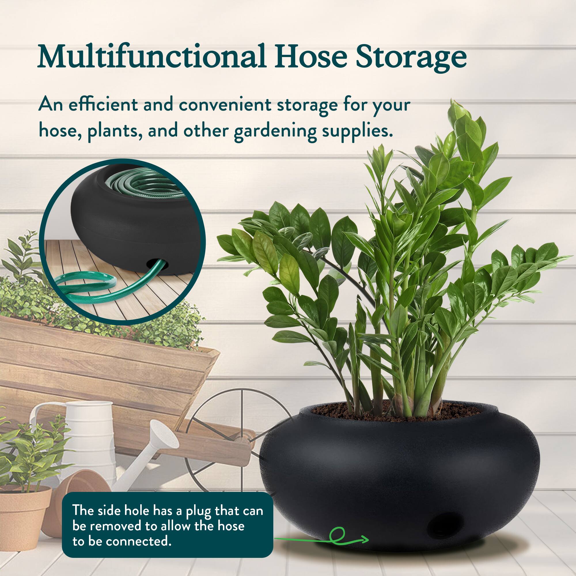 Multifunctional Hose Storage

An efficient and convenient storage for your hose, plants, and other gardening supplies.

The side hole has a plug that can be removed to allow the hose to be connected.