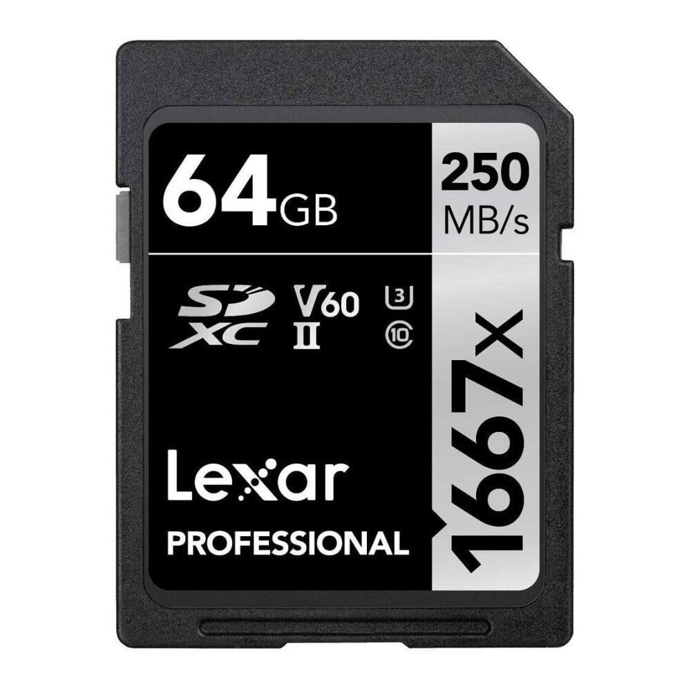 64 GB  
250 MB/s  
SDXC II  
V60  
Lexar PROFESSIONAL  
1667x