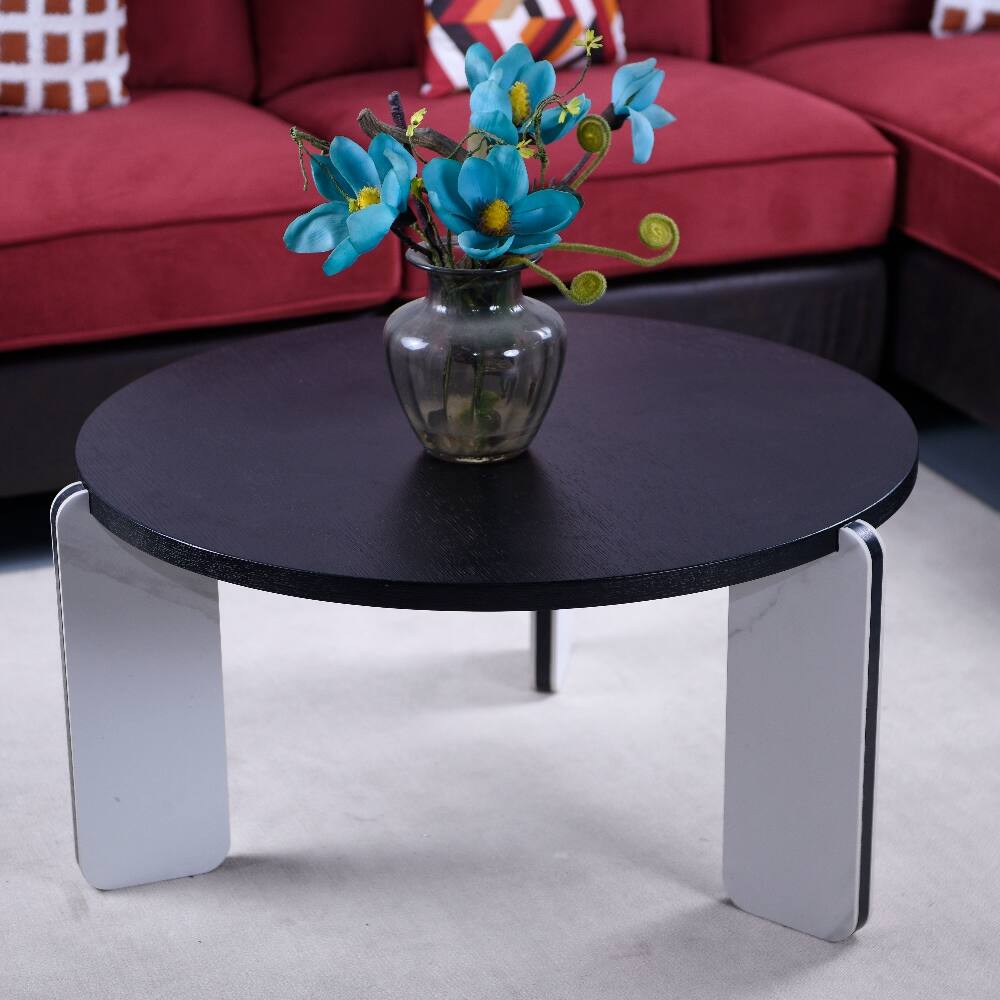 Alt View 2. Loheer - Loheer Round Coffee Table Set Black Oak Veneer Sintered Stone Legs MDF Side Table Living Room Sofa Table White and Black - White+Black.
