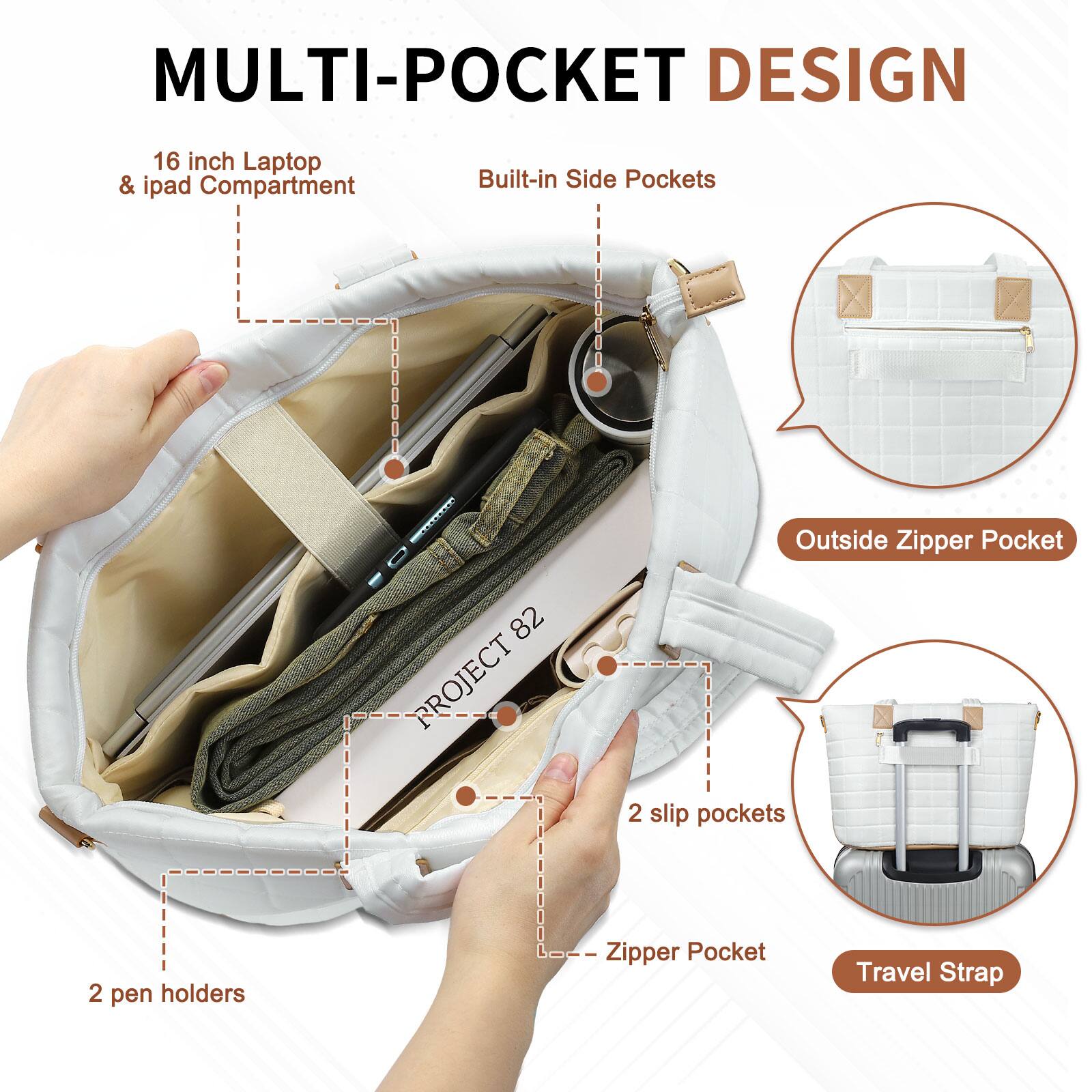 MULTI-POCKET DESIGN

- 16 inch Laptop & iPad Compartment
- Built-in Side Pockets
- Outside Zipper Pocket
- 2 slip pockets
- 2 pen holders
- Zipper Pocket
- Travel Strap