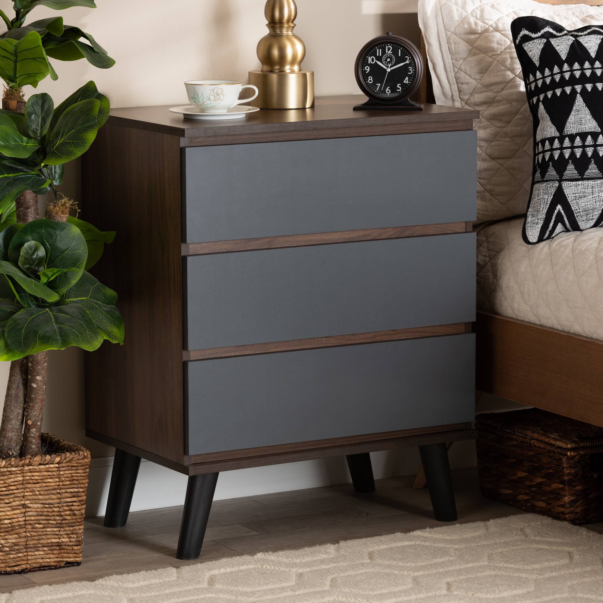 Alt View 2. Baxton Studio - Roldan Modern and Contemporary Finished Wood 3-Drawer Bedroom Chest - Grey/Walnut Brown/Black.