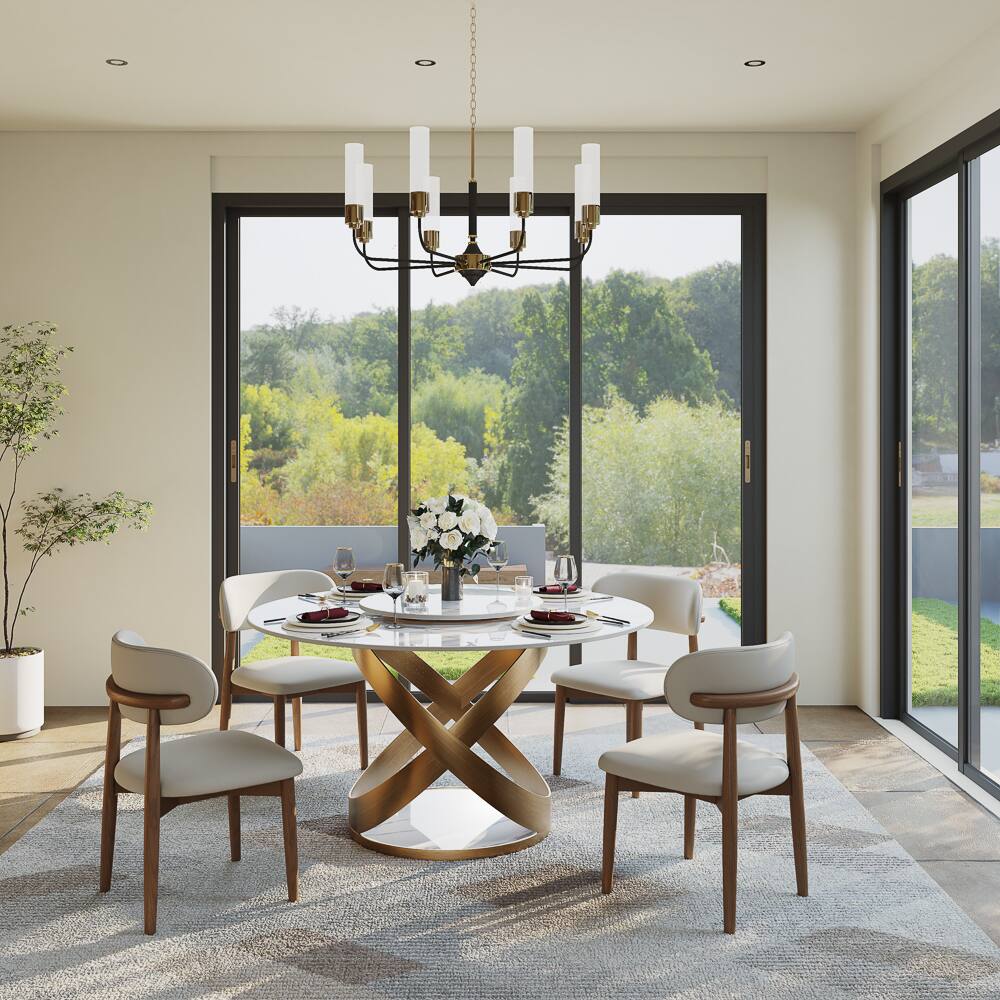 Left. POVISON - 51" Modern White Dining Table for 4 with Lazy Susan, Glossy Round Sintered Stone Tabletop, Bronze X Carbon Steel Base - White Glossy Sintered Stone with Bronze.