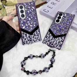 Dteck - Shockproof Phone Case for Samsung Galaxy Z Fold7 with Beaded Wrist Strap, Glitter Rhinestone Hard PC Protective Cover - Purple