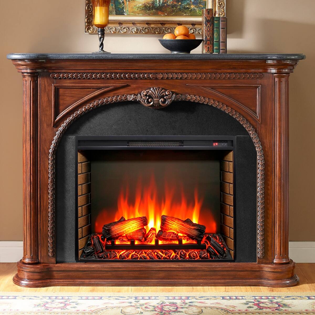 Front. Loheer - Loheer 33 inch electric fireplace insert ultra thin heater with log set - Antique Black.