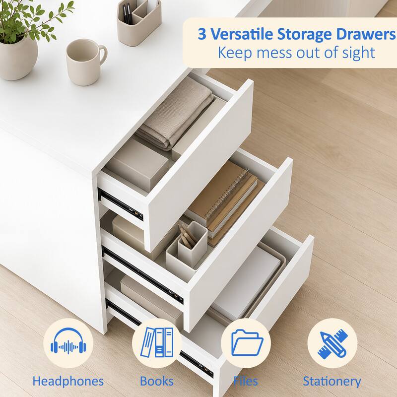 3 Versatile Storage Drawers  
Keep mess out of sight  
Headphones  
Books  
Files  
Stationery