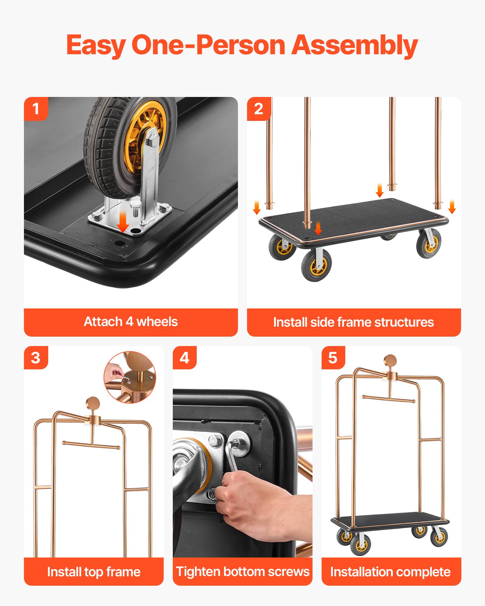 Easy One-Person Assembly

1. Attach 4 wheels
2. Install side frame structures
3. Install top frame
4. Tighten bottom screws
5. Installation complete