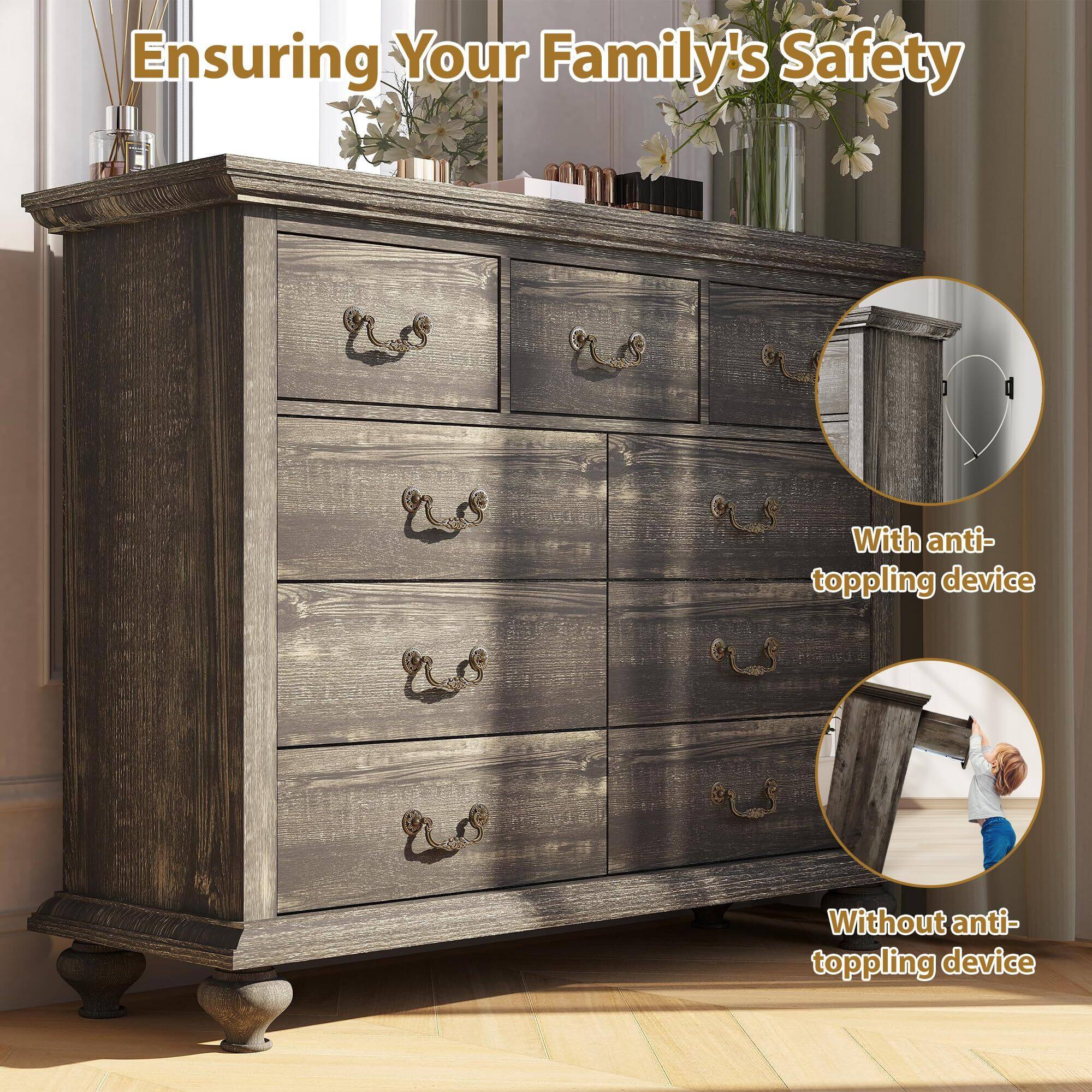 Ensuring Your Family's Safety

With anti-toppling device

Without anti-toppling device