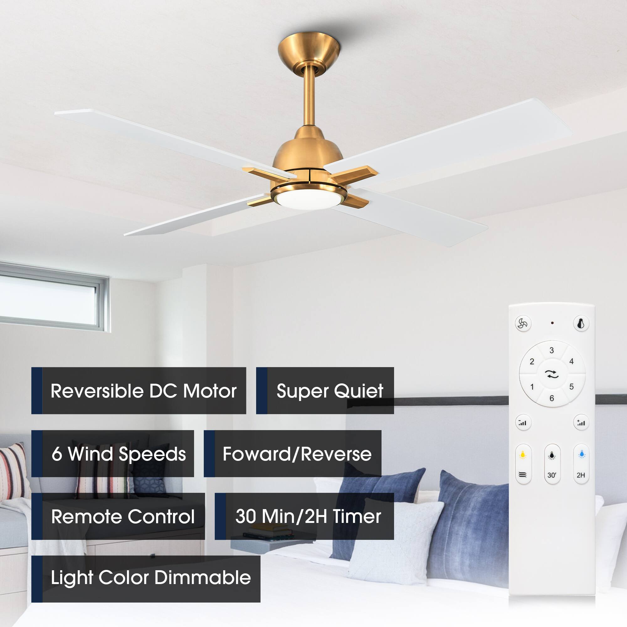 - Reversible DC Motor
- Super Quiet
- 6 Wind Speeds
- Forward/Reverse
- Remote Control
- 30 Min/2H Timer
- Light Color Dimmable