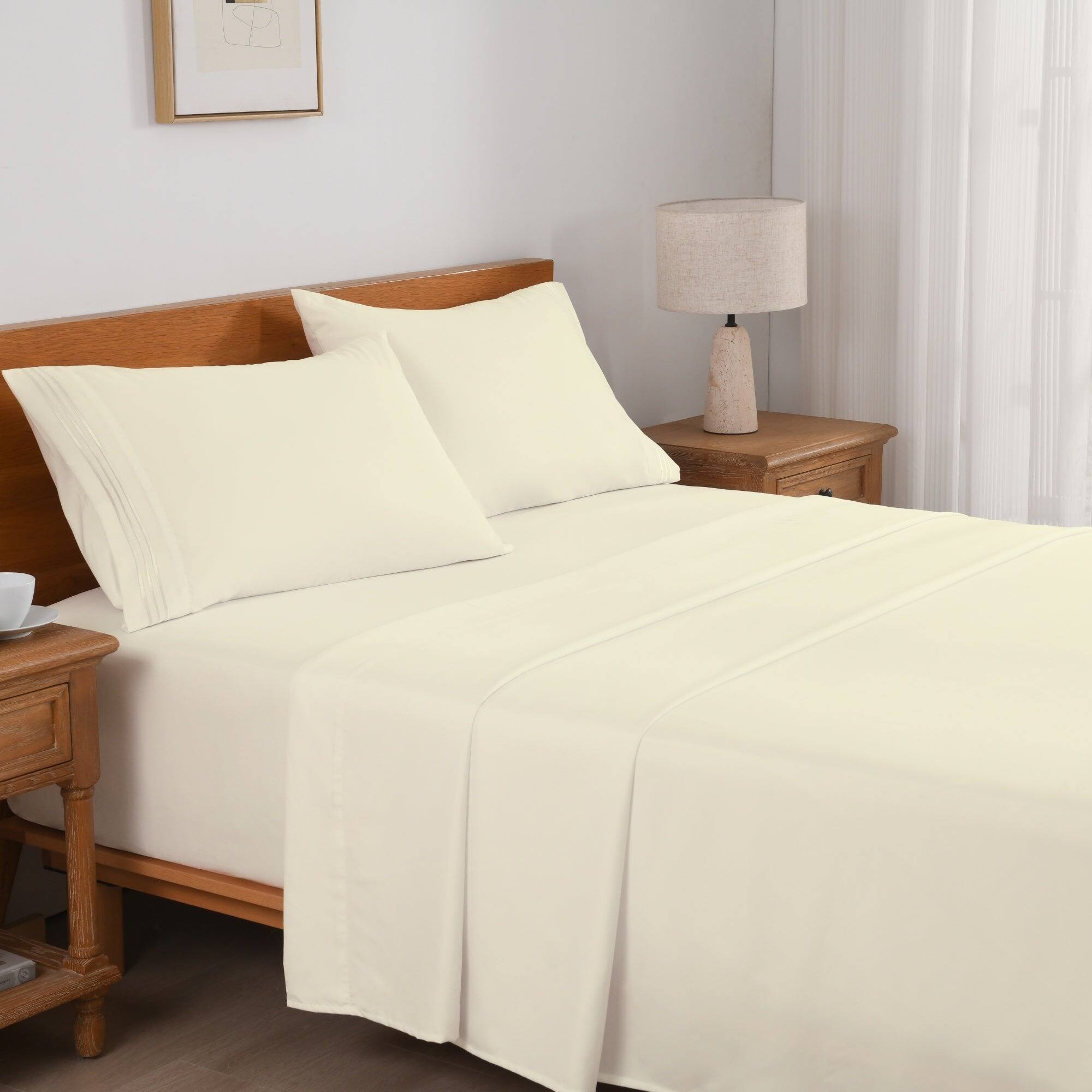 Left. MarCielo - Marcielo 3/4 Pcs Soft Solid & Embroidery Bed Sheets Set - Cream.