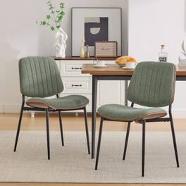 LUCKY ONE - Assembled Mid Century Dining Chair Set of 2 Linen with Walnut Bentwood Back Metal Legs - Olive Green