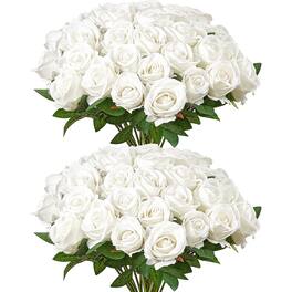 VEVOR - Artificial Flowers, 60 pcs Real Looking Foam Fake Roses Bulk, Faux Bridal Shower with Stems - White