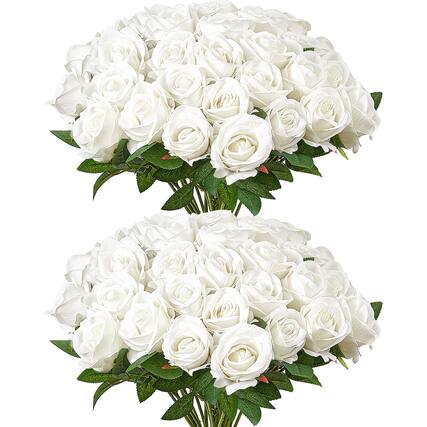 Front. VEVOR - Artificial Flowers, 60 pcs Real Looking White Foam Fake Roses Bulk, White Faux Bridal Shower with Stems - White.