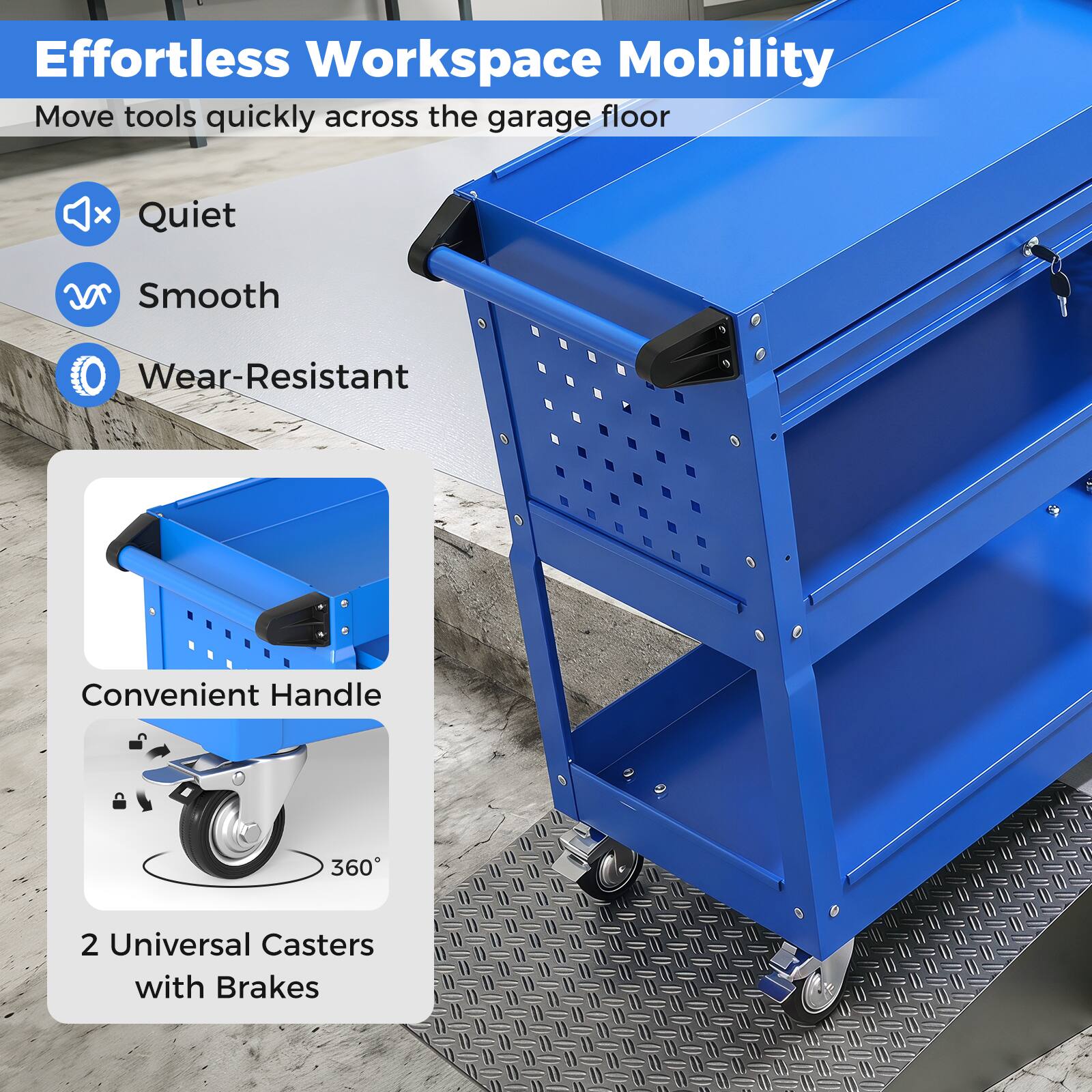Effortless Workspace Mobility  
Move tools quickly across the garage floor

- Quiet
- Smooth
- Wear-Resistant

Convenient Handle

2 Universal Casters with Brakes  
360°