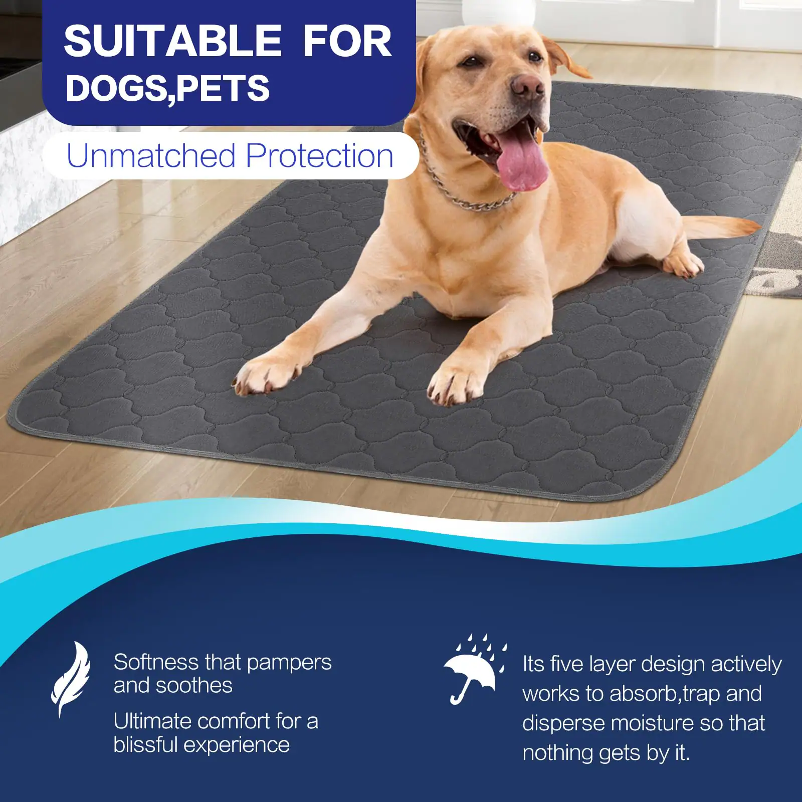 SUITABLE FOR DOGS, PETS

Unmatched Protection

Softness that pampers and soothes  
Ultimate comfort for a blissful experience

Its five layer design actively works to absorb, trap and disperse moisture so that nothing gets by it.