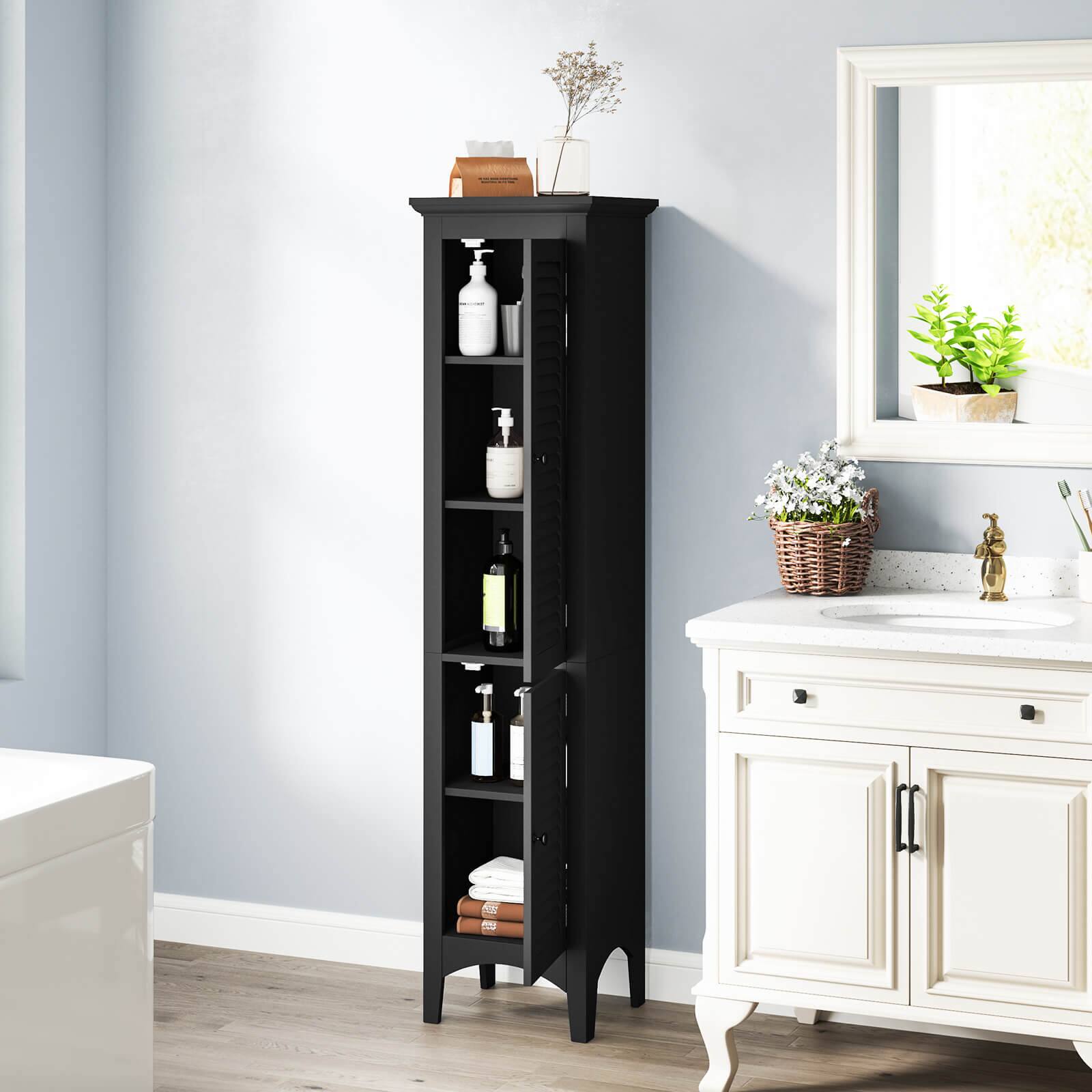 Alt View 1. Costway - Costway 63" Tall Bathroom Cabinet with 2 Louvered Doors & Adjustable Shelf, Elevated Legs - Black.