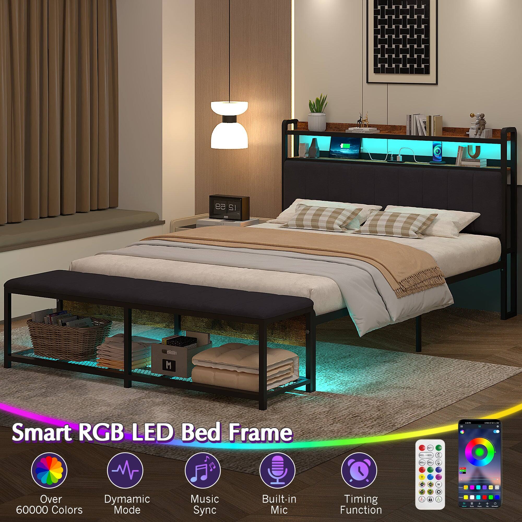 59 12 Smart RGB LED Bed Frame - Over 60000 Colors Mode Dynamic Music Sync Built-in Mic Timing Function