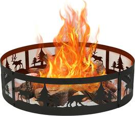 Bestier - 36” Wildlife Steel Fire Ring, Round Outdoor Fire Pit Ring with Spark Guard, Black Finish