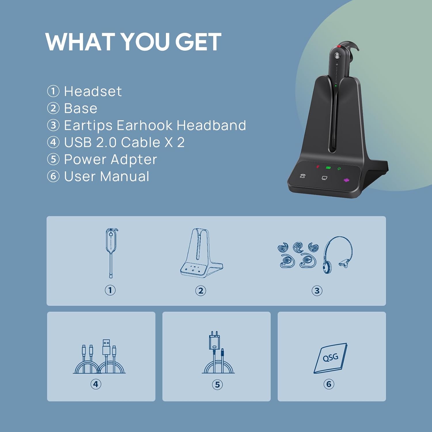 WHAT YOU GET

1. Headset  
2. Base  
3. Eartips Earhook Headband  
4. USB 2.0 Cable X 2  
5. Power Adapter  
6. User Manual  

1  
2  
3  
4  
5  
6