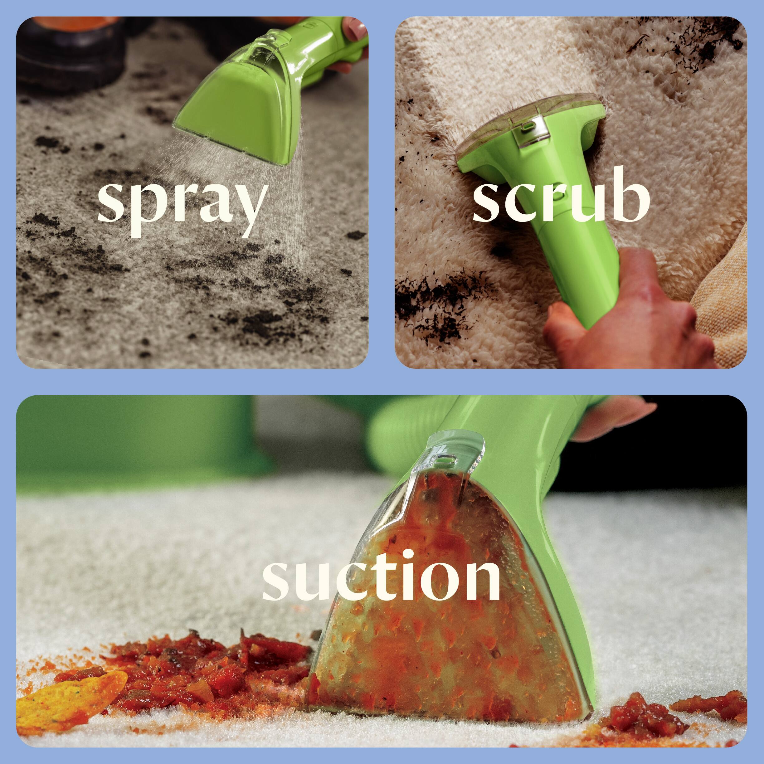 The text on the image is grouped as follows:

1. Spray
2. Scrub
3. Suction

The corrected text would be:

1. Spray
2. Scrub
3. Suction