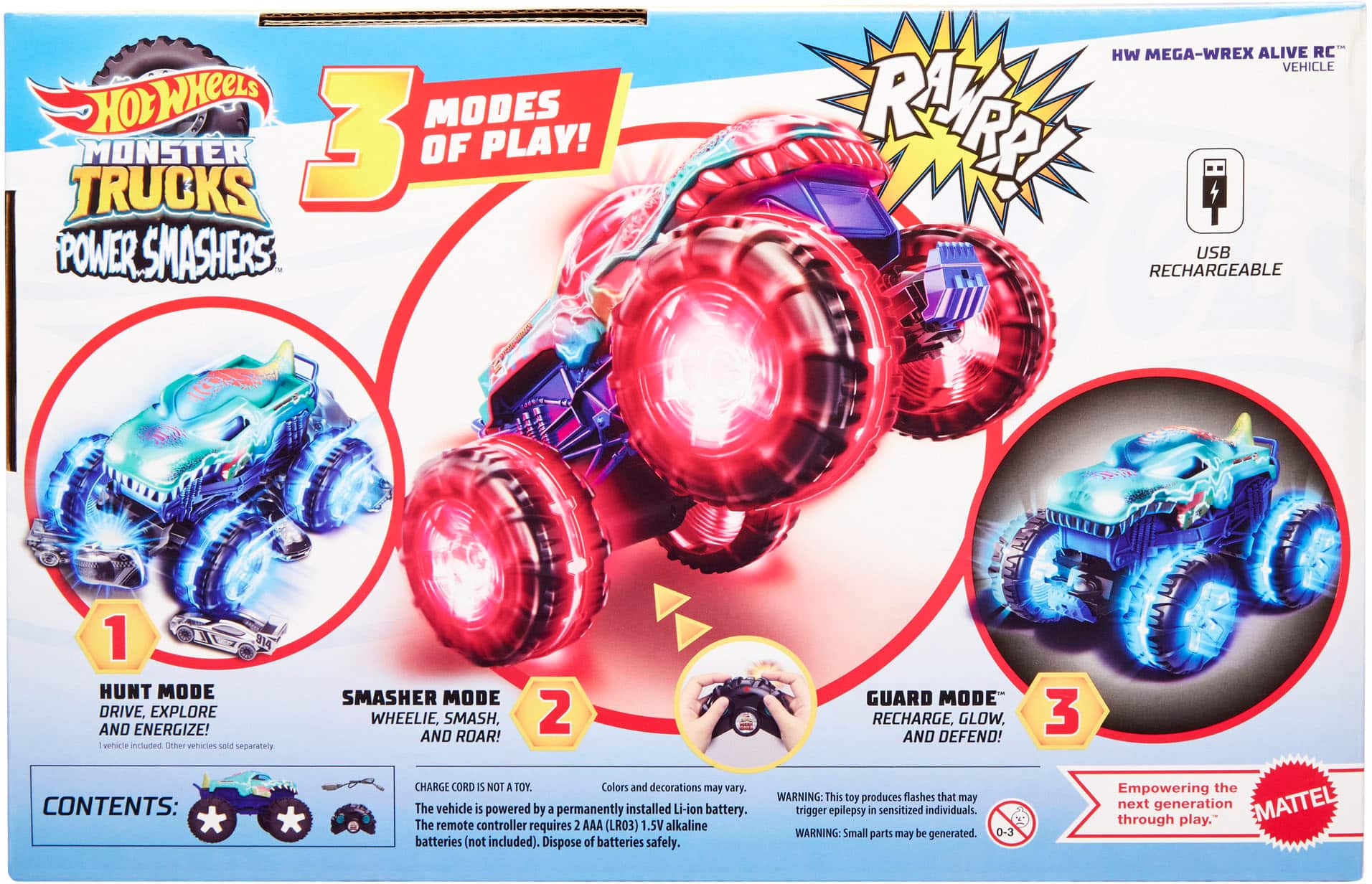 The text on the image is already grouped and correctly written. It reads: "3 Modes of Play! Monster Trucks Power Smashers HW Mega-Wrex Alive RC Vehicle Rechargeable 1 Hunt Mode Drive, Explore and Energize! Other vehicles sold separately. Smasher Mode Wheelie, Smash, and Roar! 2 Guard Mode Recharge, Glow, and Defend! 3 Contents: Charge Cord Is NOT 1 Toy. Colors and decorations may vary. The vehicle is powered by a permanently installed Li-ion battery. The remote controller requires 2 AAA (LR03) 1.5V alkaline batteries (not included). Dispose of batteries safely. WARNING: This toy produces flashes that may trigger epilepsy in sensitized individuals. WARNING: Small parts may be generated. 0-3 Empowering the next generation through play."