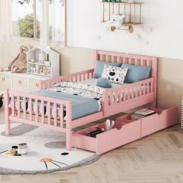 GOODSILO - Twin Size Wood Platform Bed with Dual Guardrails and Underbed Storage Drawers for Enhanced Safety and Organization - Pink